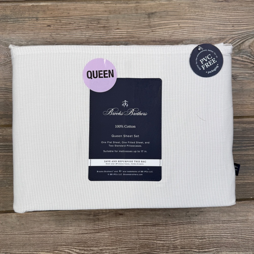Brooks Brothers Queen Sheet Set Tan‎ White Pinstripe 100% Cotton 4pc NEW